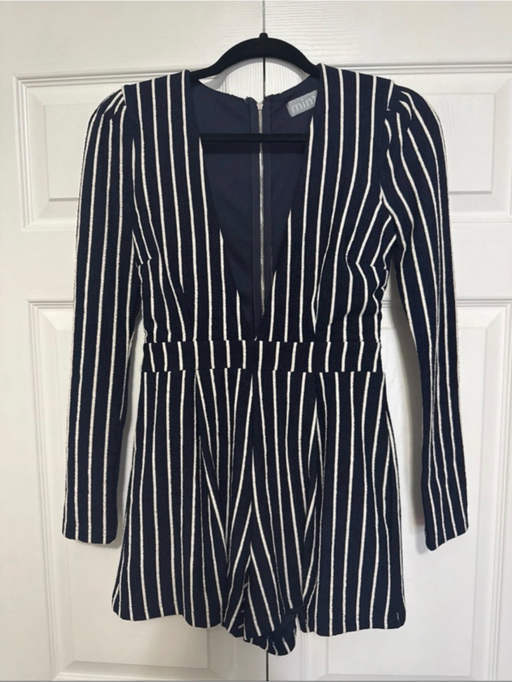 Mint Navy & White Striped Long-Sleeve Romper